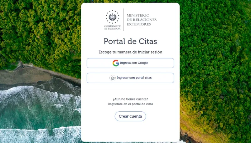 Pantalla de inicio de sesión del Portal de Citas del Ministerio de Relaciones Exteriores, con las opciones de entrar con Google o crear cuenta