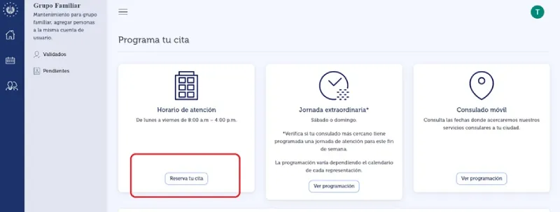 Panel «Programa tu cita» del portal, con las tarjetas Horario de atención, Jornada extraordinaria y Consulado móvil