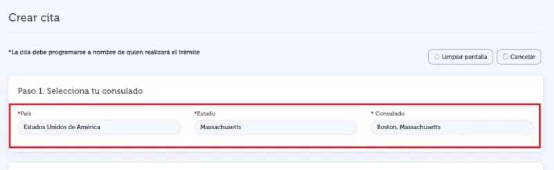 Formulario del portal para seleccionar país, estado y consulado, con Estados Unidos, Massachusetts y Boston elegidos como ejemplo