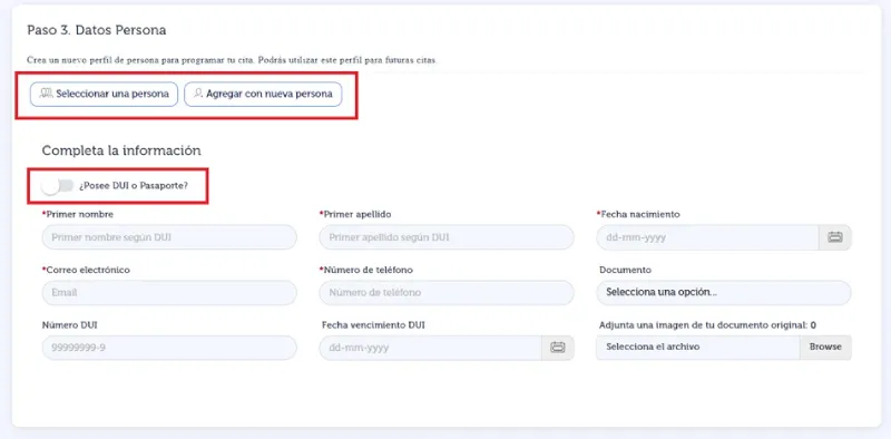 Formulario de datos personales del portal, con campos de nombre, apellido, fecha de nacimiento, teléfono, correo y número de DUI