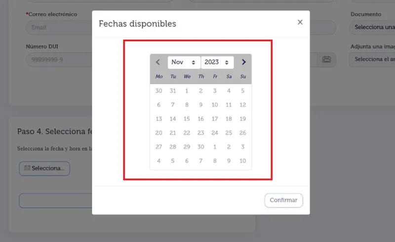 Calendario del portal con las fechas disponibles para agendar la cita