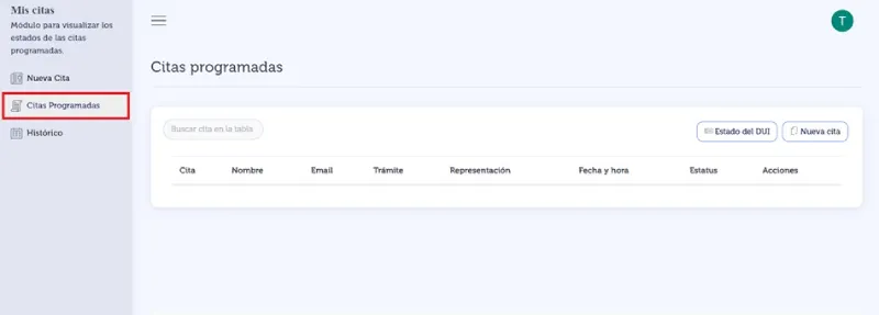 Sección «Citas programadas» del portal, con las columnas cita, nombre, trámite, representación, fecha y estatus